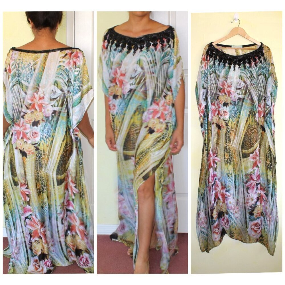 Kareenas Silk Off Shoulder Kaftan Maxi Dress Floral Coverup Medium Embellished